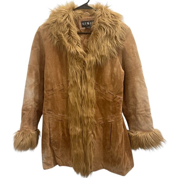 Vintage Y2K Mixit Tan Suede Penny Lane Afghan Coat Hippie Retro Boho Halloween - Picture 1 of 14